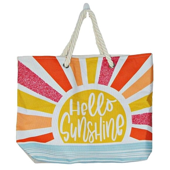 Hello Sunshine Print Beach Tote Shopping Bag Bright Glitter Double Rope Handle - Picture 1 of 11